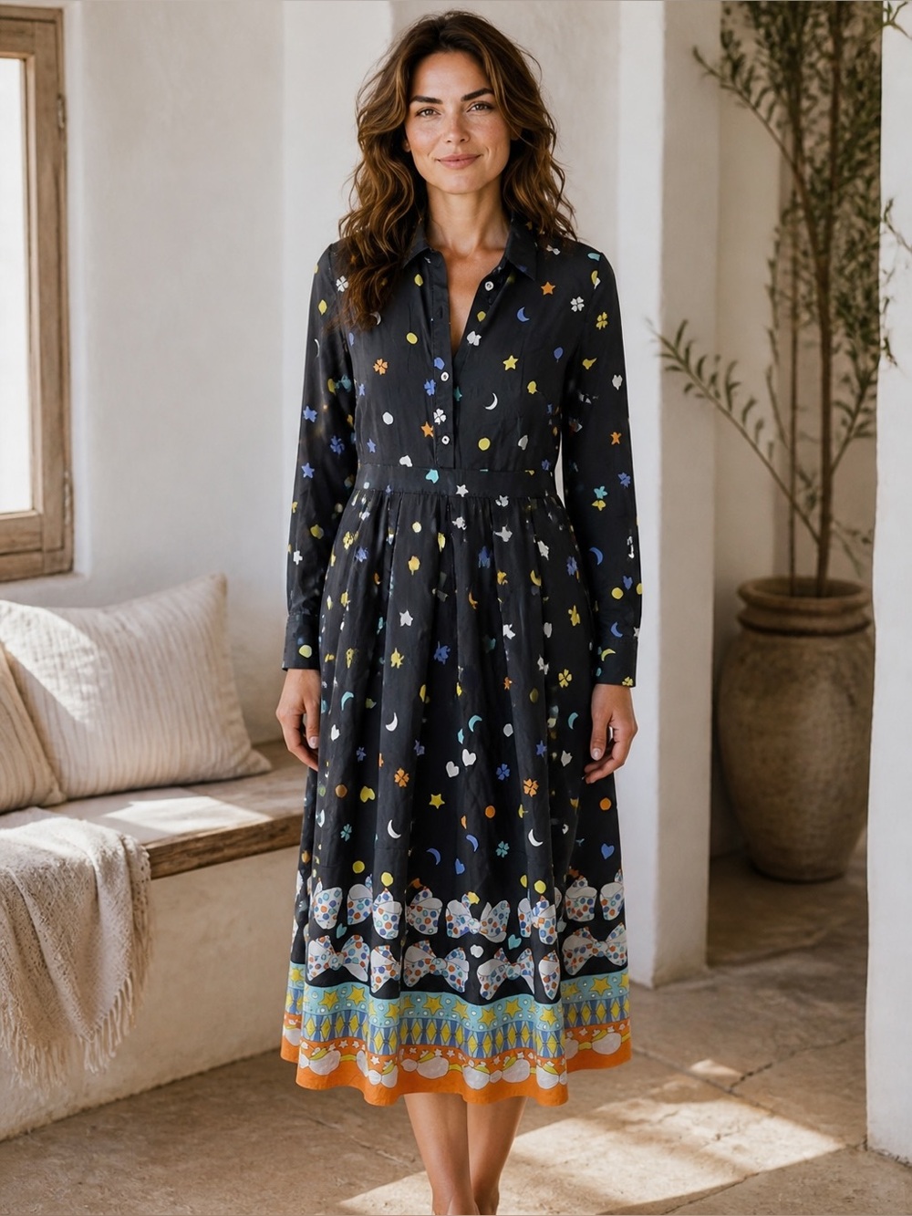 Celestial-Print Black Long-Sleeve Midi Shirt Dress Medium